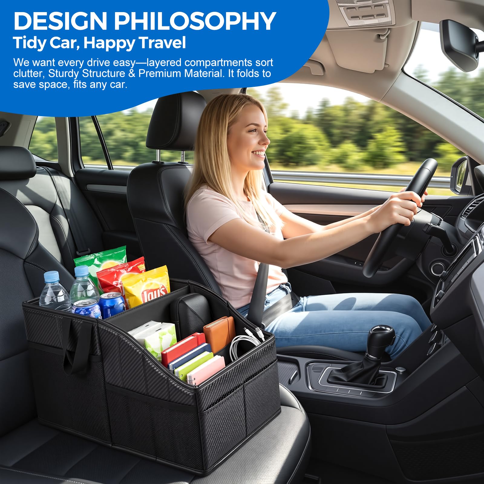 WHHMK lifestyle shot between car seats showing neat cabin and convenience benefit