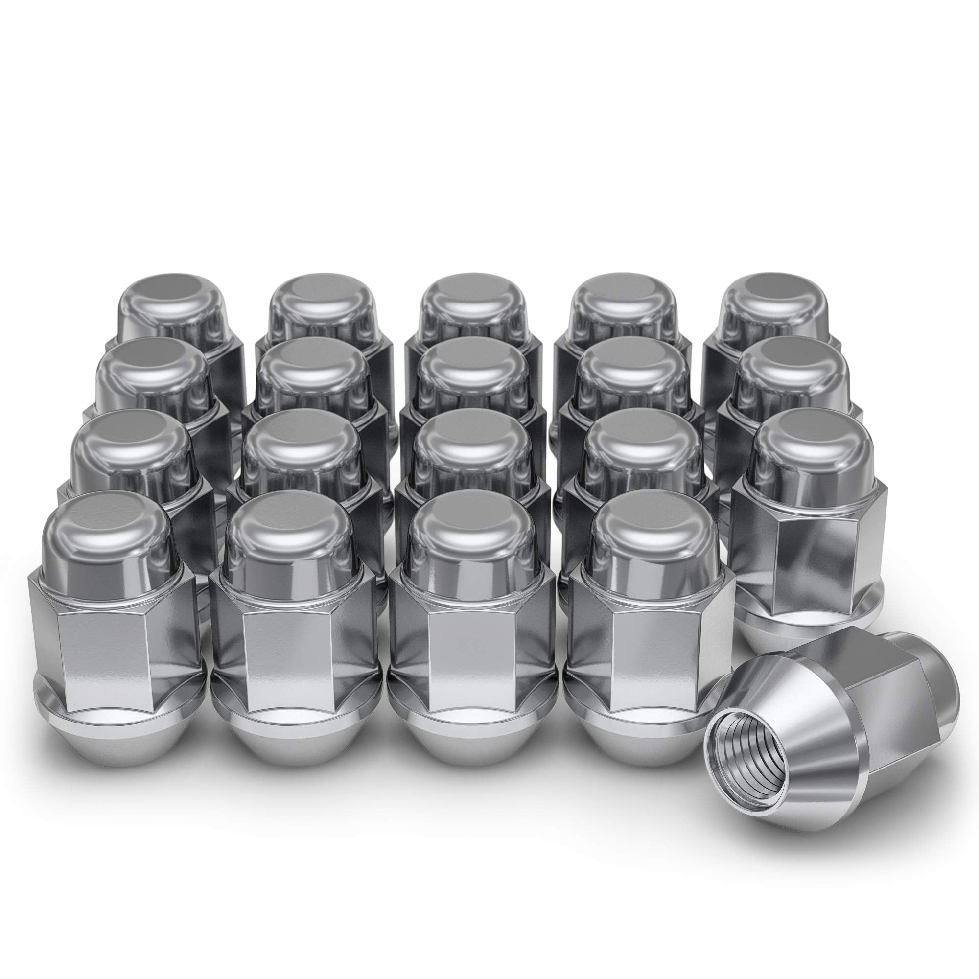 White Knight front view of 20-pack lug nuts showing chrome finish and tidy arrangement for visual appeal