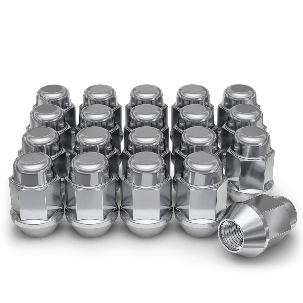 White Knight front view of 20-pack lug nuts showing polished chrome finish and durability