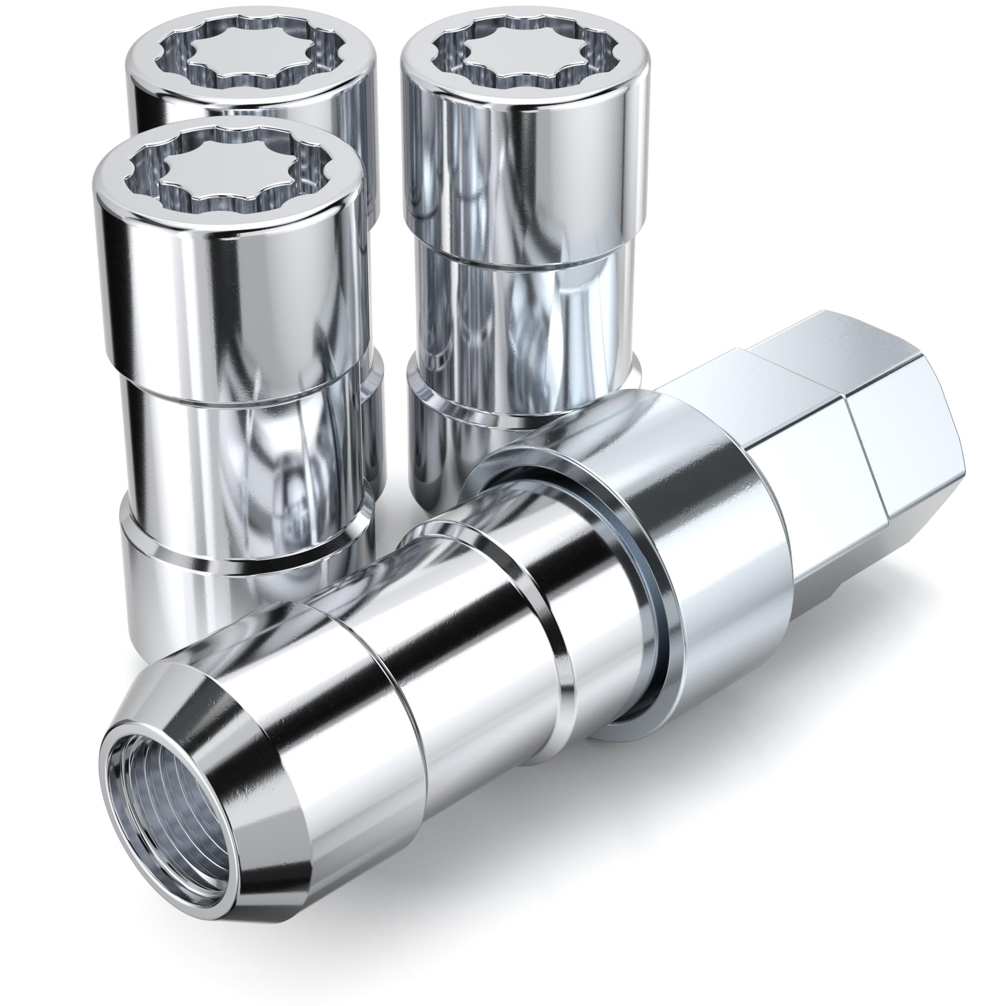 White Knight front view of four chrome wheel locks showing secure fit and polished look