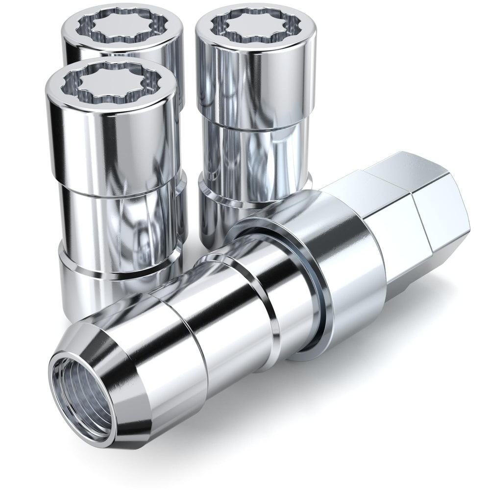 White Knight front view of four chrome wheel locks showing secure fit and polished look