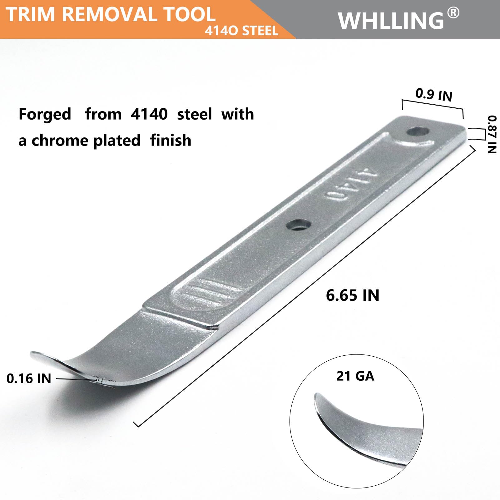 WHLLING pry bar chrome finish detail emphasizing rust resistance and smooth slide