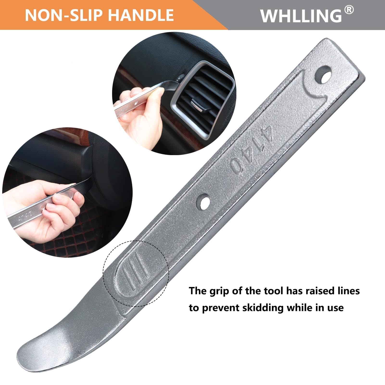 WHLLING pry bar tip close-up highlighting curved 21-gauge edge for safe leverage