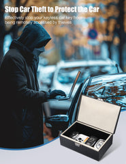 WHonor Faraday Box open with keys phone and passport illustrating secure storage