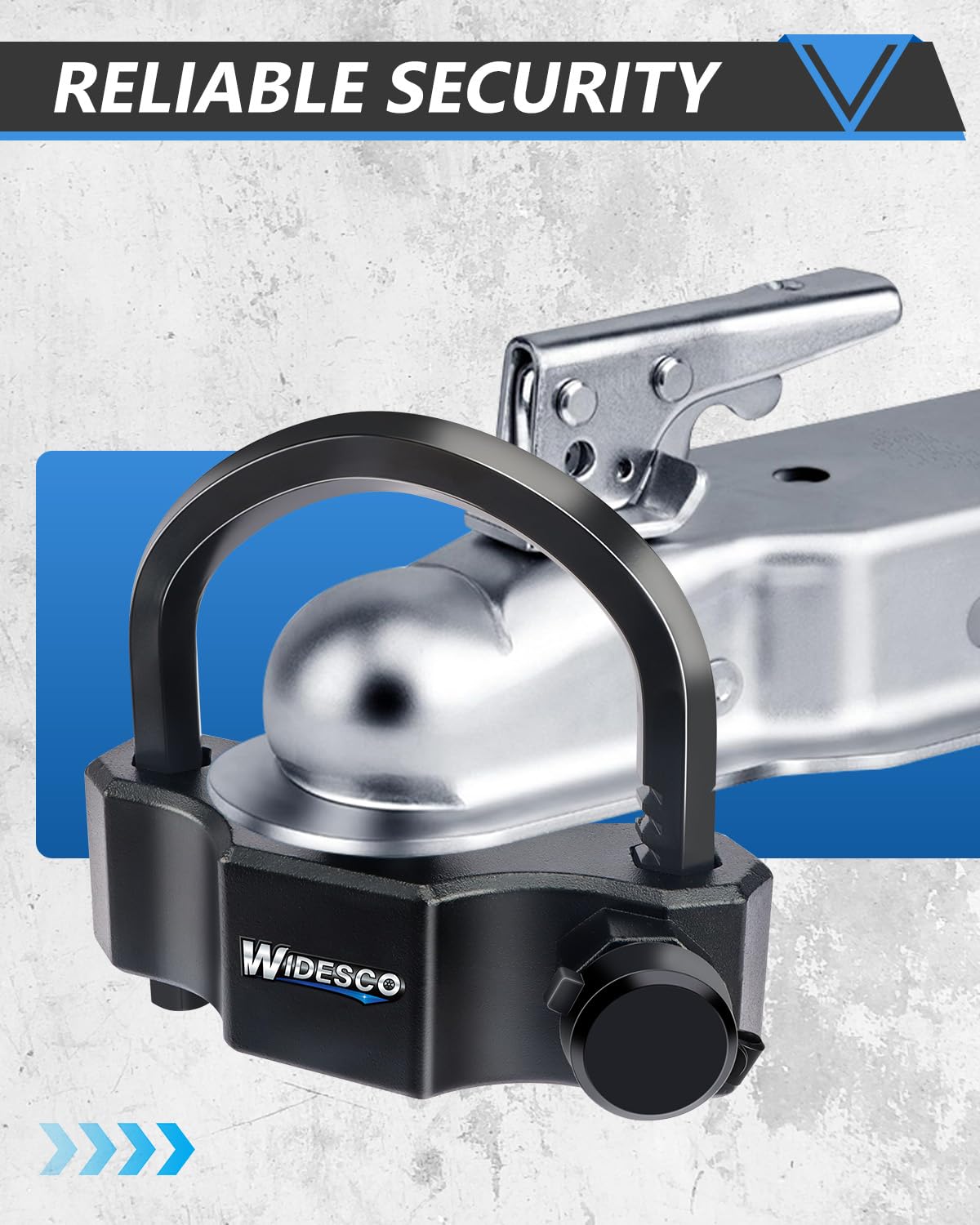 Widesco lock on 2-5/16" coupler highlighting heavy-duty fit and theft deterrence