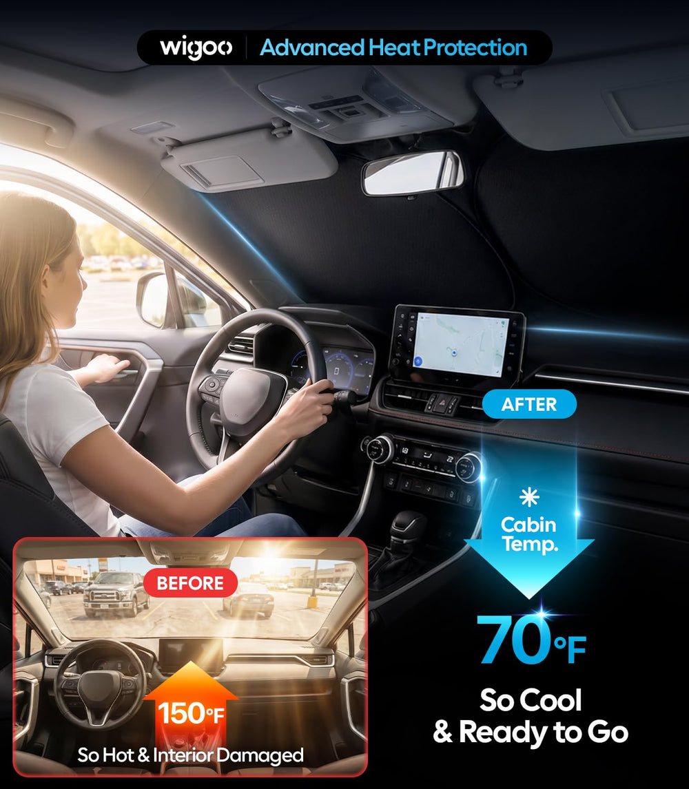 Wigoo folded sunshade inside included pouch for compact storage and transport