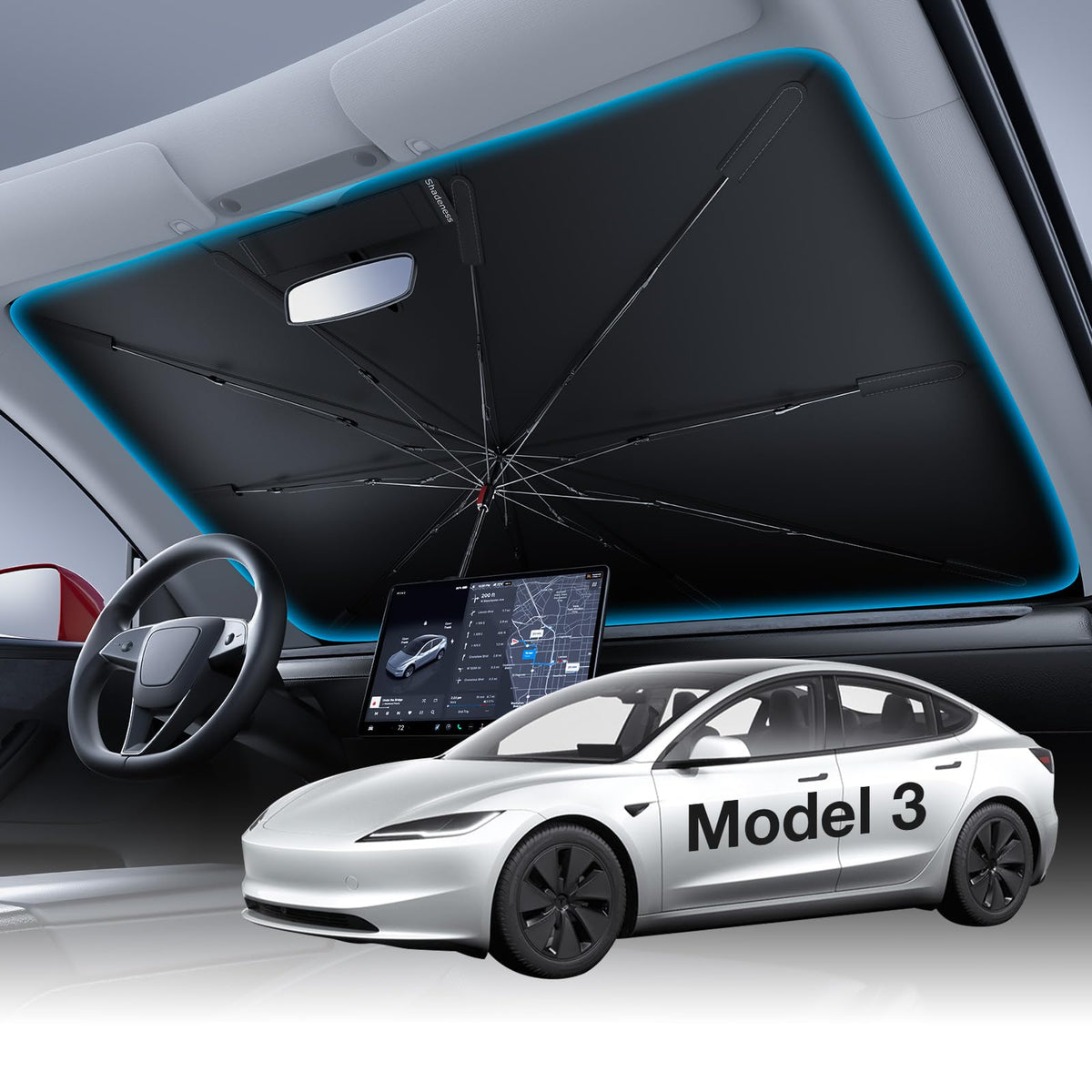 Wigoo front-facing sunshade showing full windshield coverage and neat fit
