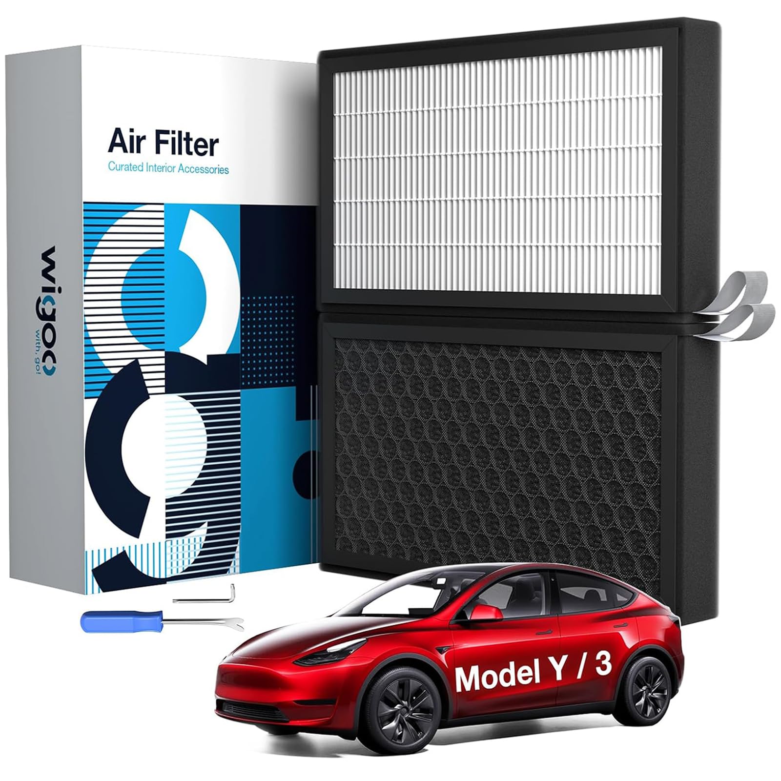 Wigoo front packaging for Tesla Model 3/Y showing product and fit benefits