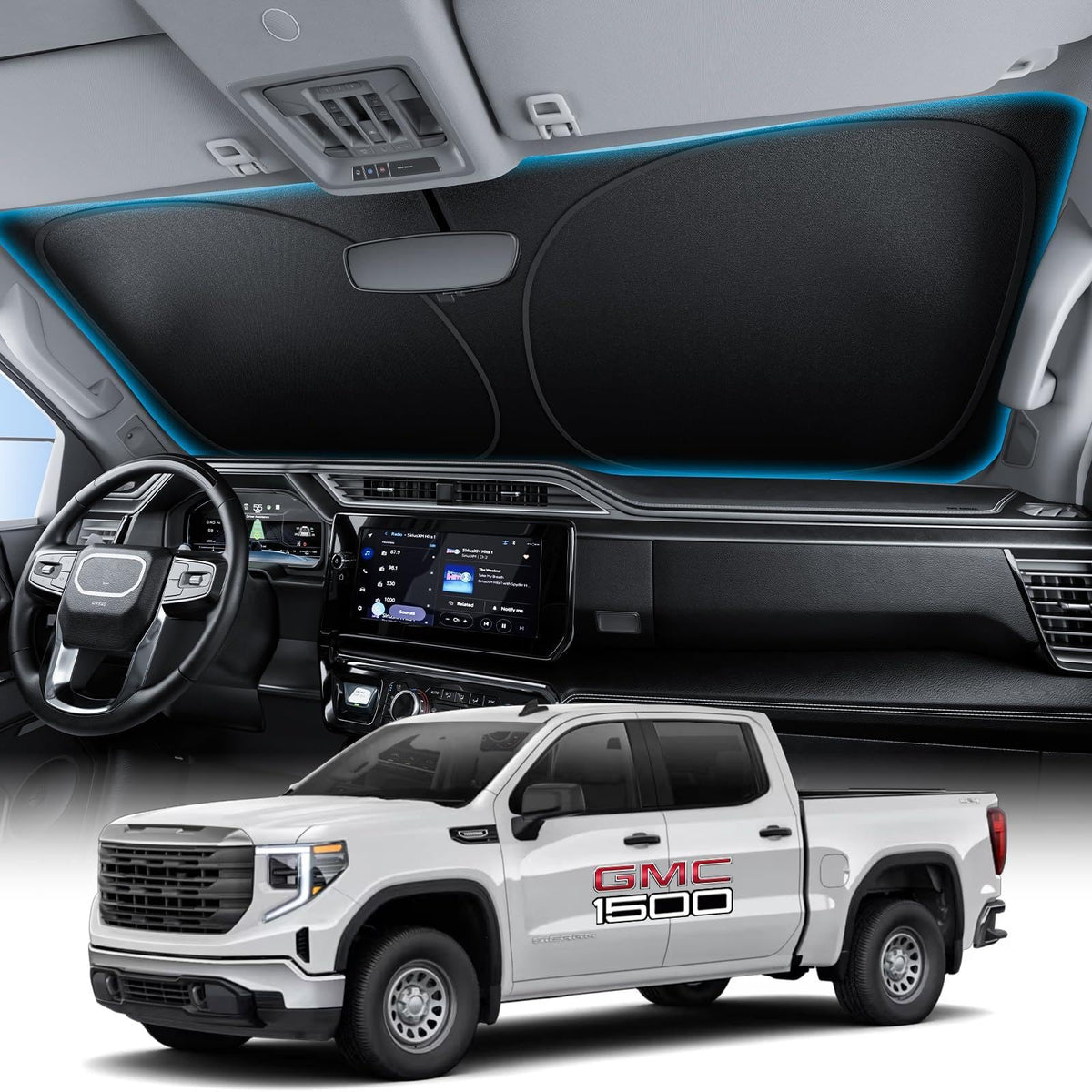 Wigoo front windshield shade fitted to GMC Sierra showing full coverage benefit