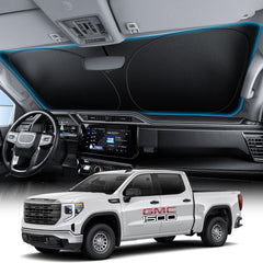 Wigoo front windshield shade fitted to GMC Sierra showing full coverage benefit