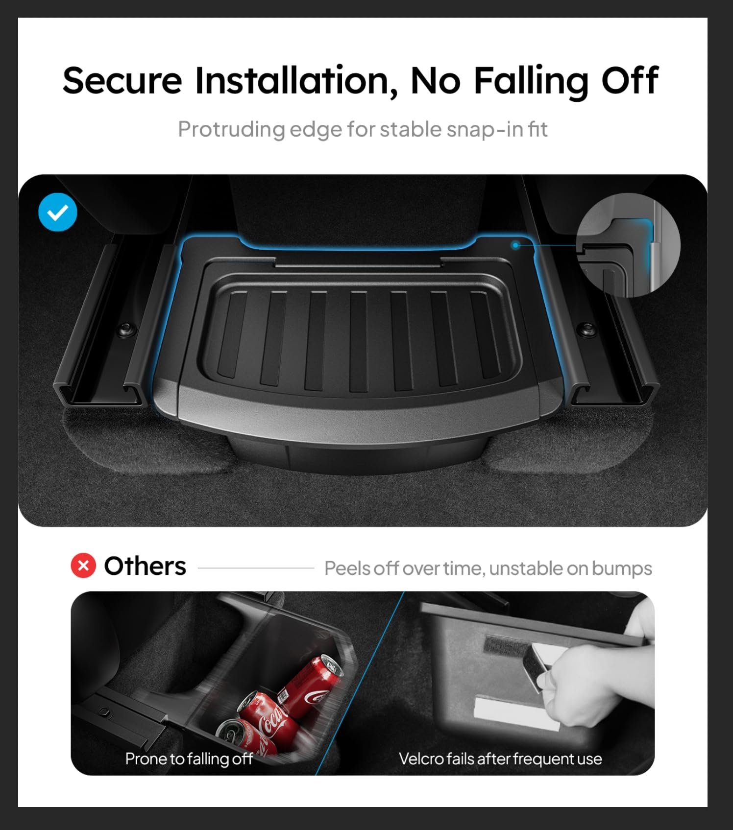 Wigoo side profile showing seat-rail snap-in fit for secure installation