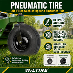 Wiltire wheel installed on mower demonstrating smoother ride benefit