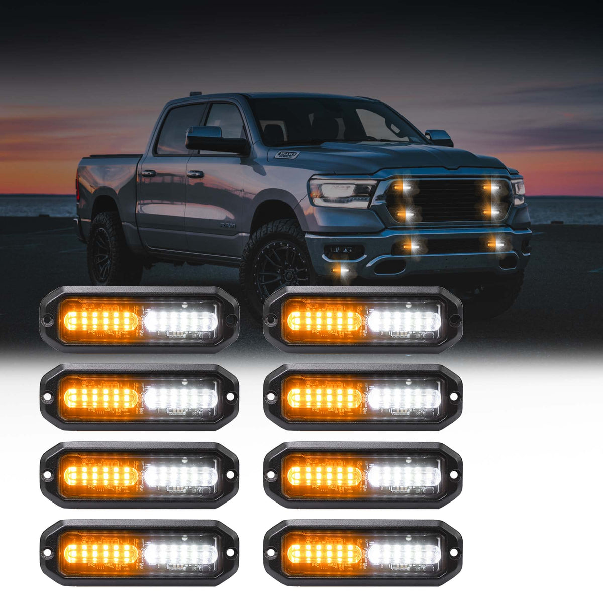 WINECO front view of 8-piece strobe light kit showing compact layout and visibility
