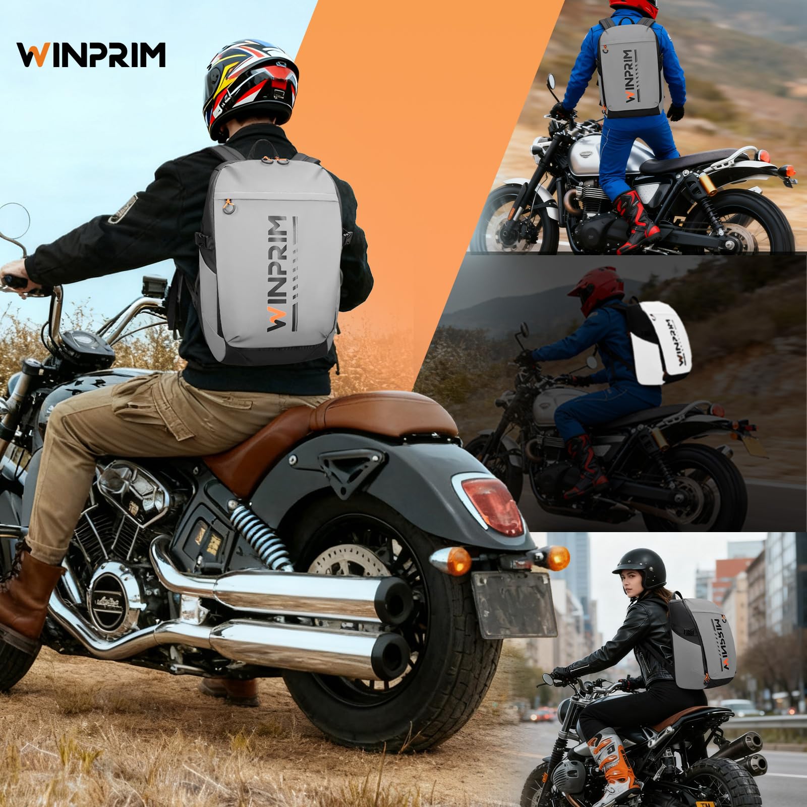 WINPRIM commuter using backpack on motorcycle illustrating versatile daily use