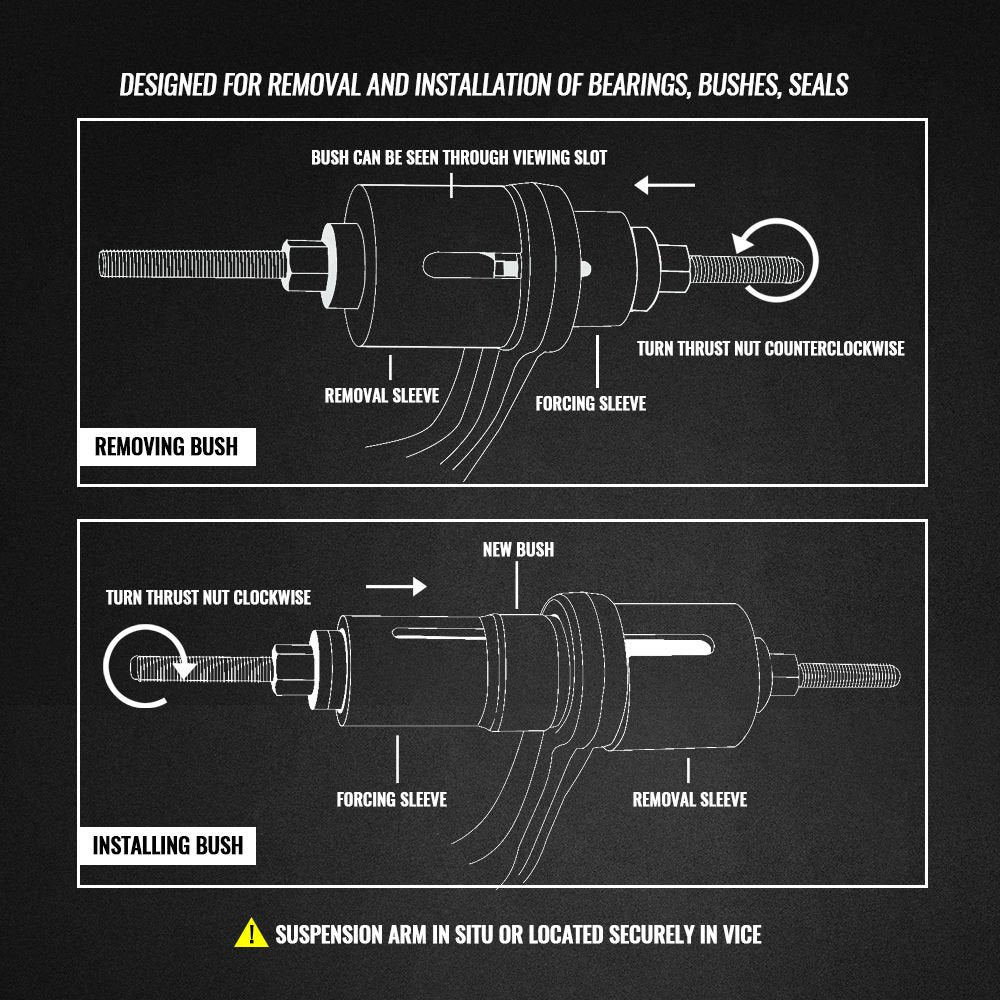 WINTOOLS sleeve in use pressing a bush illustrating safe, controlled installation