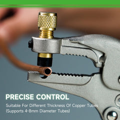 WIPCOOL plier in use on copper tube illustrating secure clamp and controlled puncture