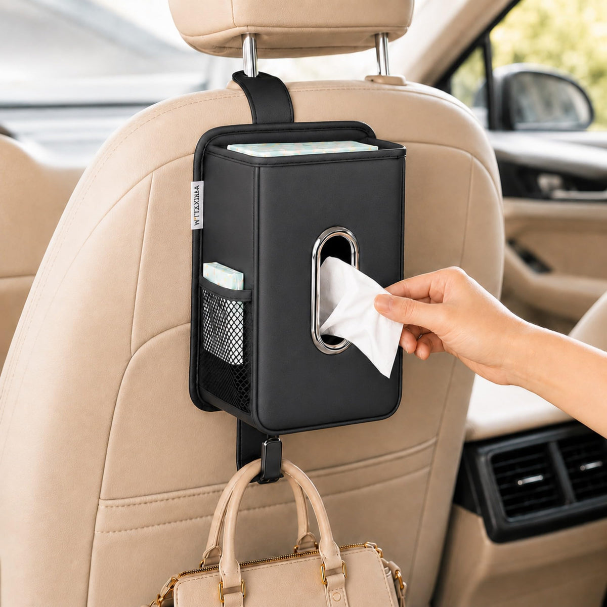 Witaxima front view leather tissue holder showing neat organization and durable finish