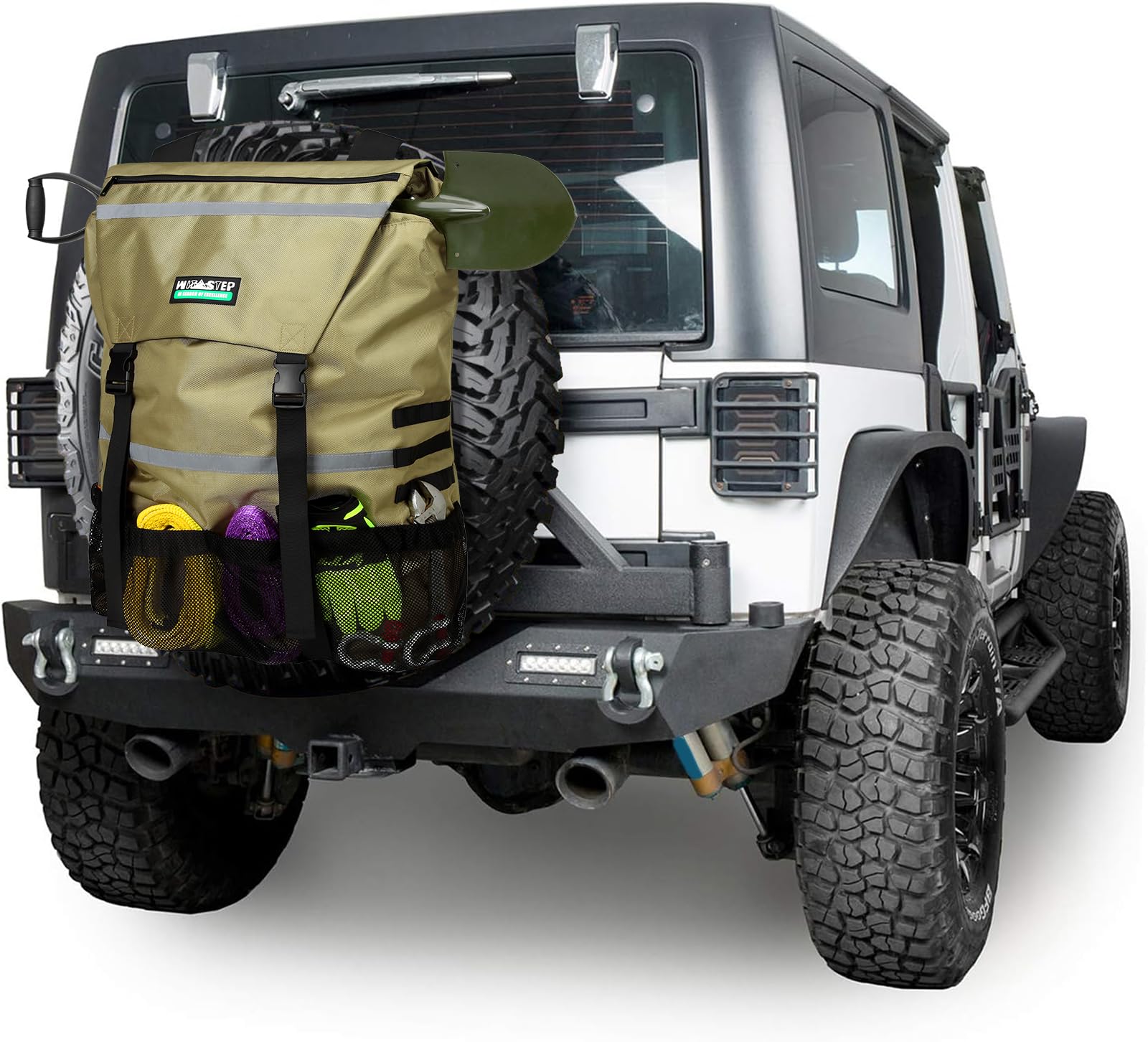 WITSTEP front view showing spare tire bag mounted and organized benefit tidy storage