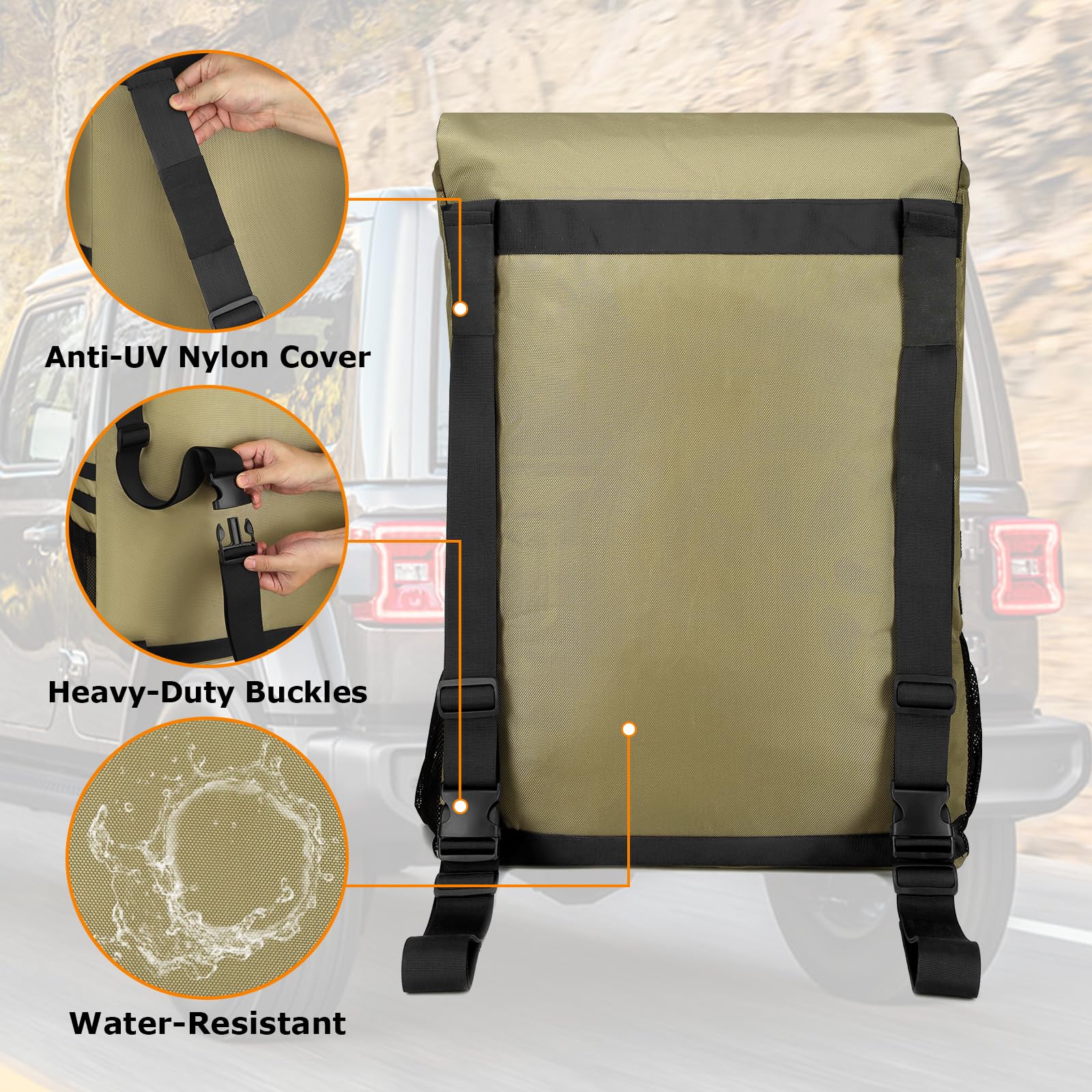 WITSTEP X-strap installation fastened around spare tire for stable attachment