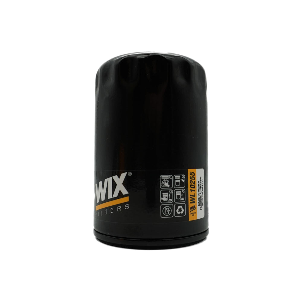 Wix WL10255 next to a ruler and box illustrating size, thread 22x1.5mm, and case-of-12 convenience