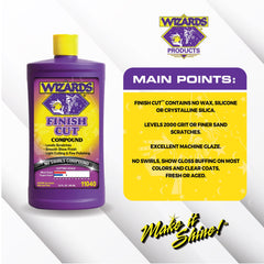 Wizards Finish Cut before-and-after panel showing removed swirls and deeper gloss