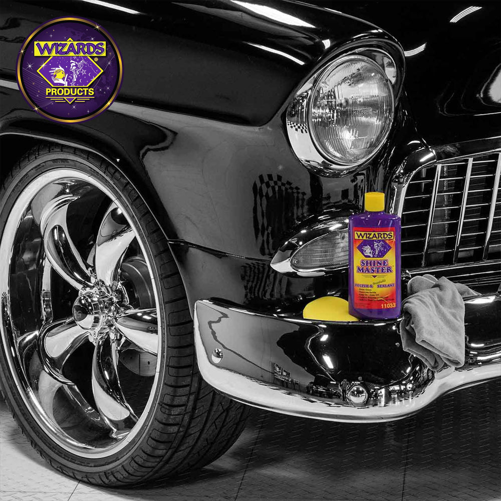 Wizards bottle staged beside a polished car showing professional finish and lifestyle appeal