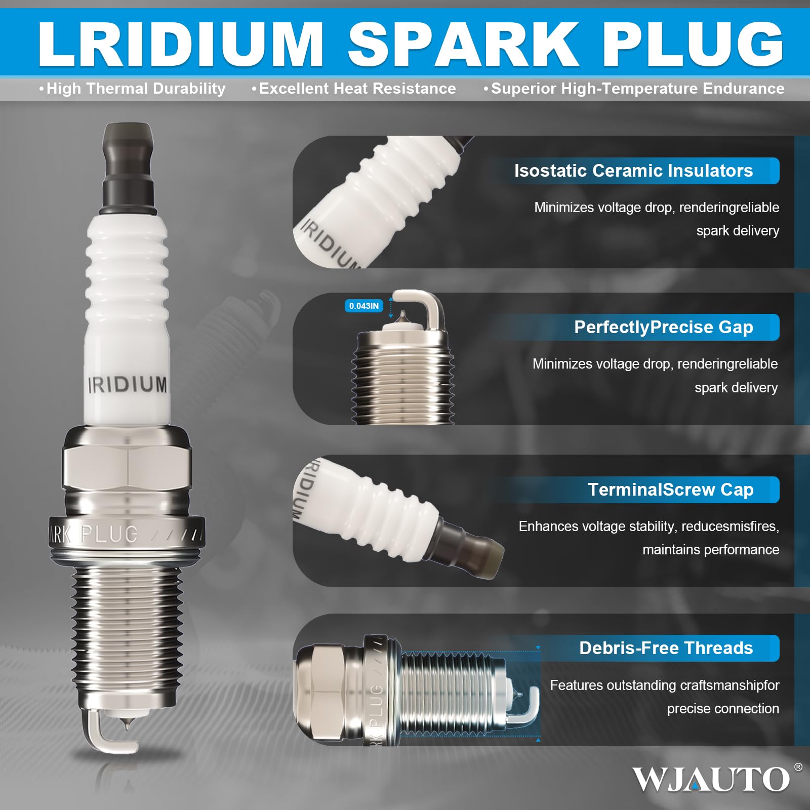 WJAUTO electrode detail highlighting fine iridium center electrode for longer service life