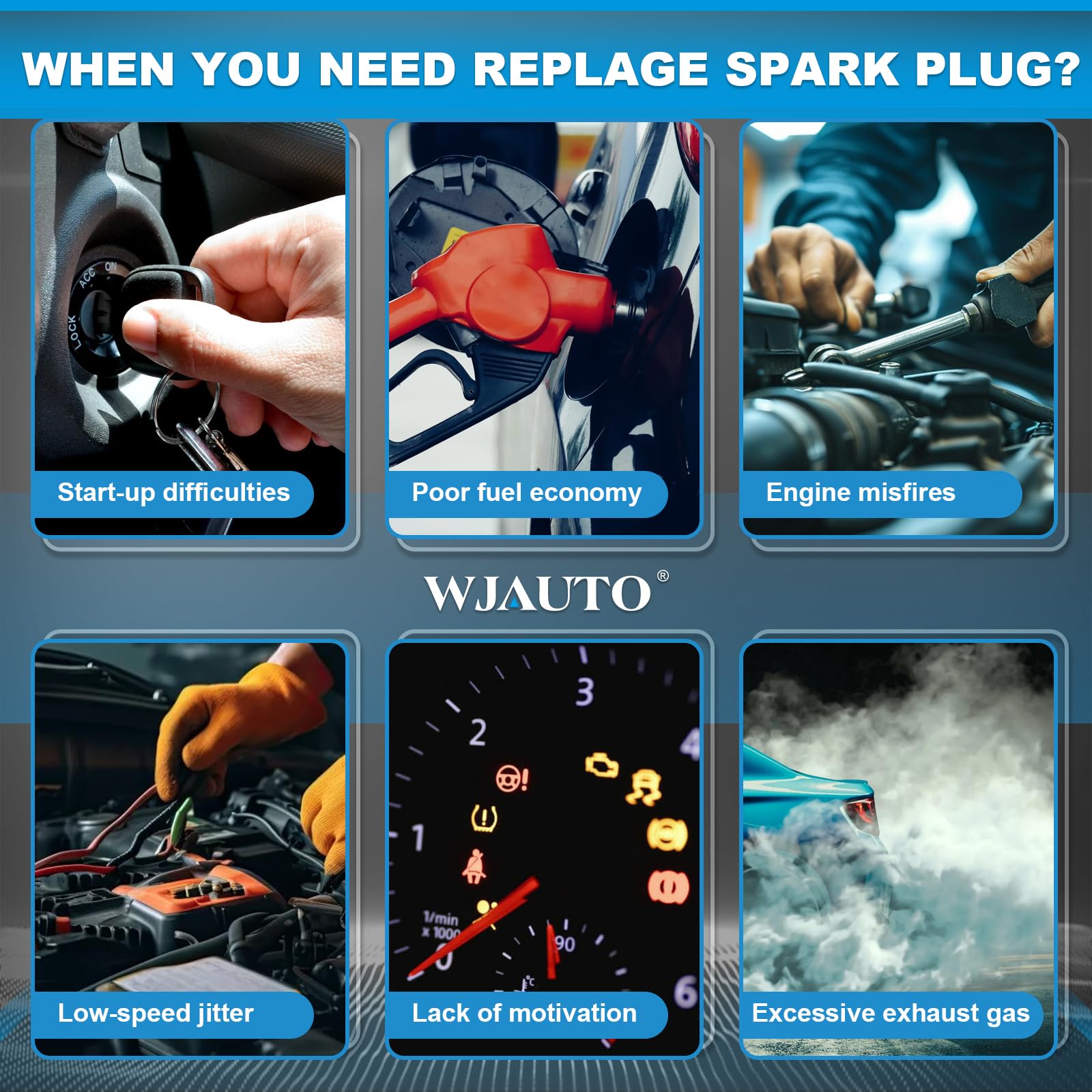 WJAUTO spark plug installed in engine bay demonstrating fitment and improved combustion consistency