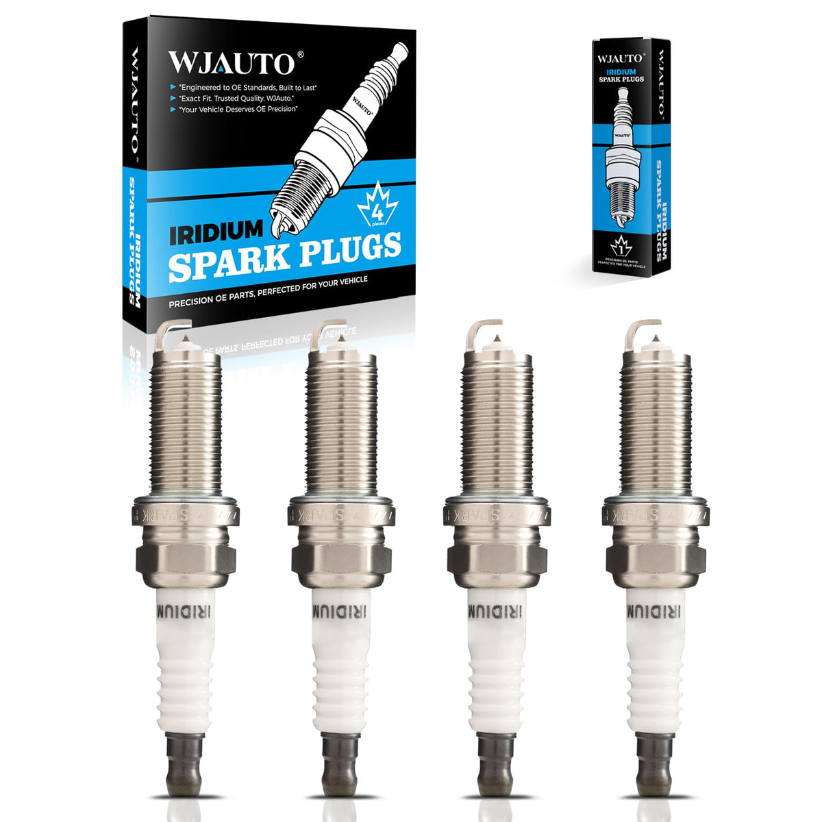 WJAUTO front packaging showing four iridium spark plugs, clear product ID and benefits