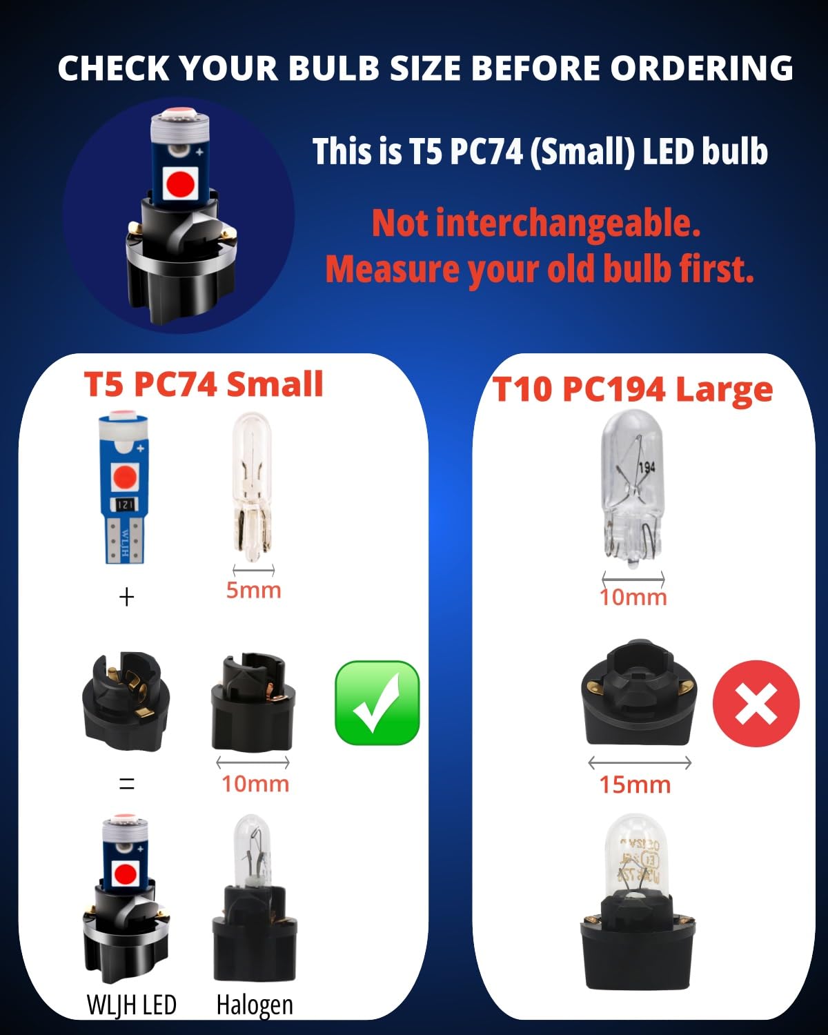 WLJH bulb next to ruler showing scale and compact fit advantage