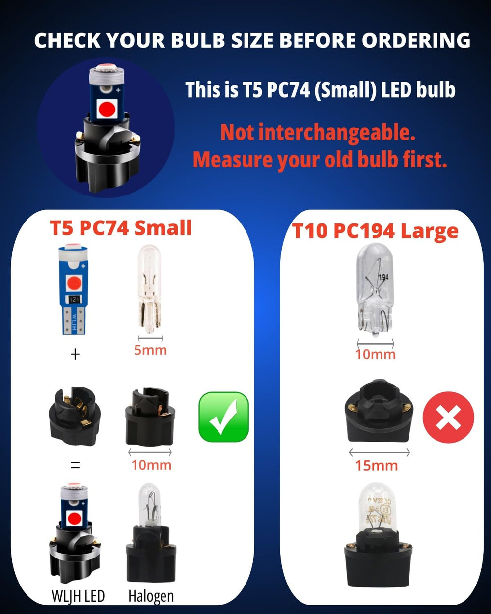 WLJH bulb next to ruler showing scale and compact fit advantage