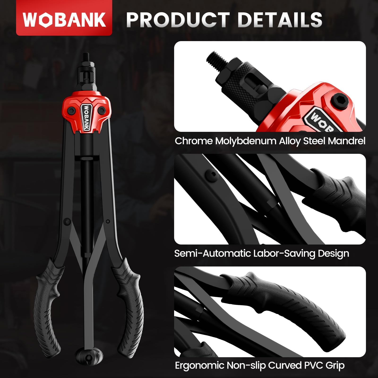 WOBANK handle grip detail showing rubber coating and slip resistance benefit