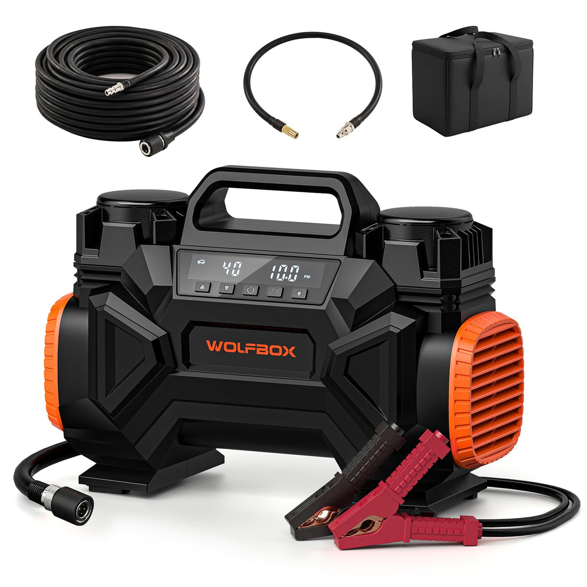 WOLFBOX front view showing rugged housing and easy transport benefit