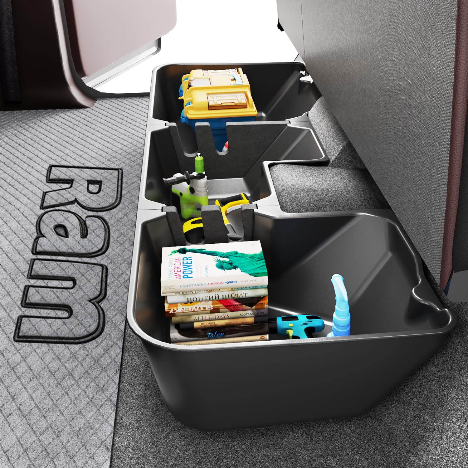 wonderdriver front view of under seat box showing neat fit and hidden storage