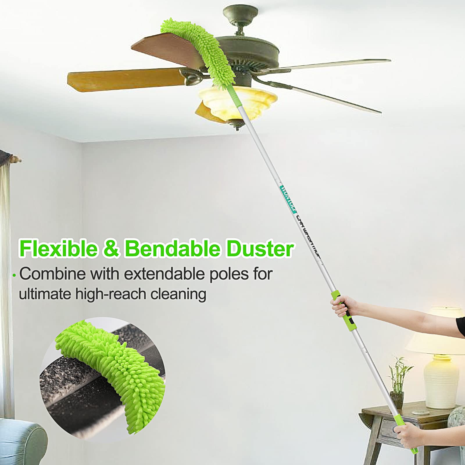 Wontolf microfiber duster attached to pole reaching high surfaces and removing dust