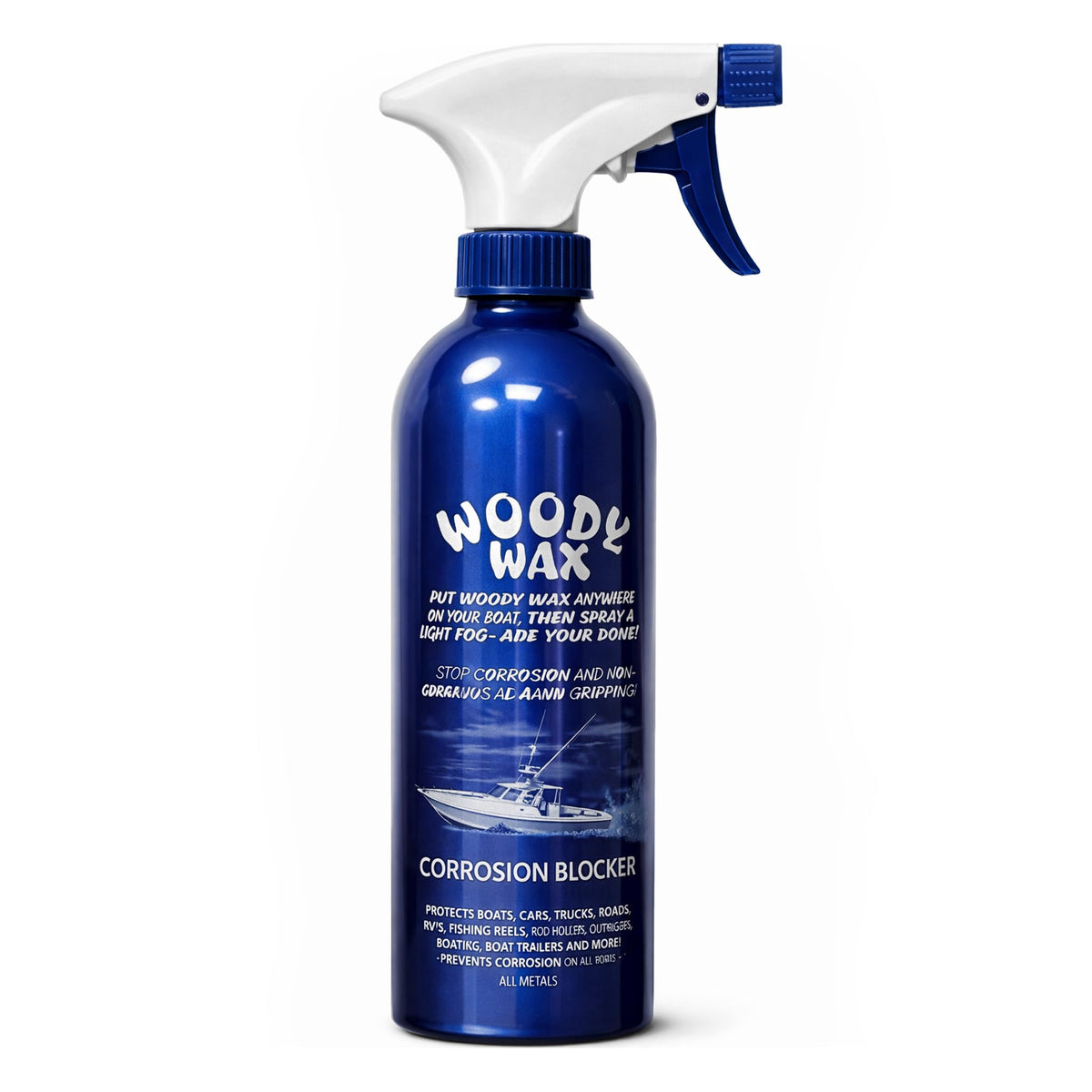 Woody Wax front packaging showing 16 oz bottle and clear label benefit