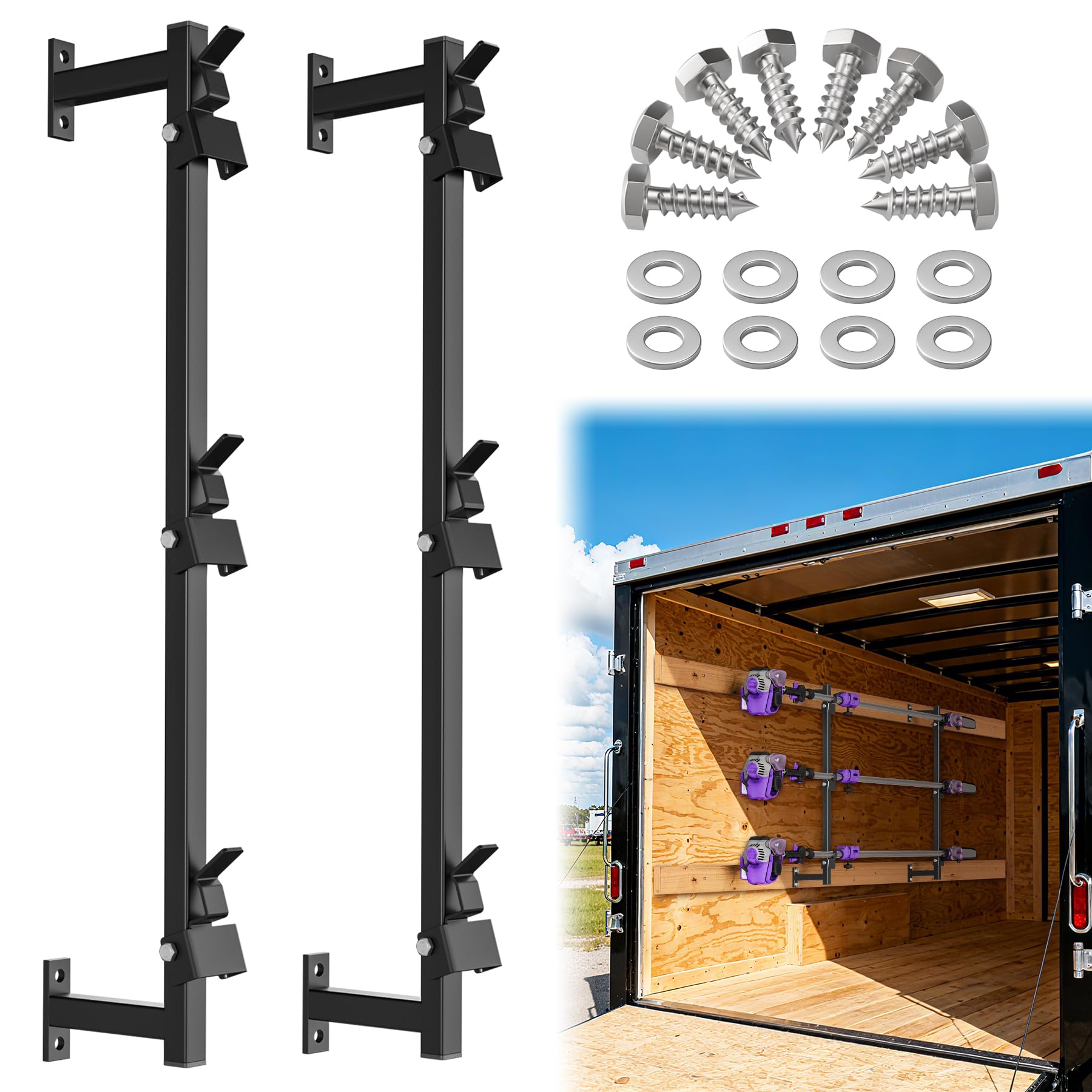 WooFog rack front view mounted on trailer wall showing organized tools and easy access