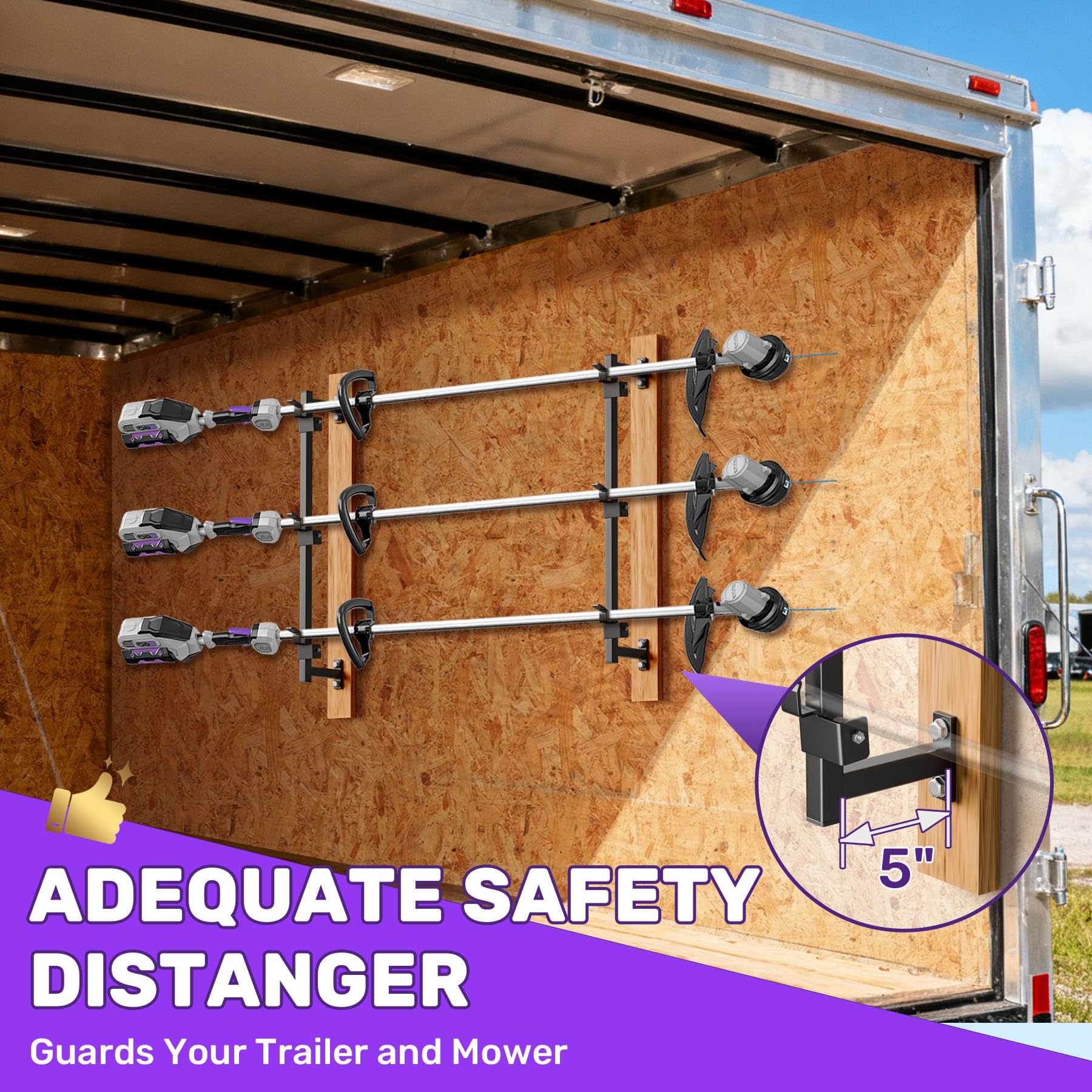 WooFog storing rakes shovels and pole saws to maximize trailer space and organization