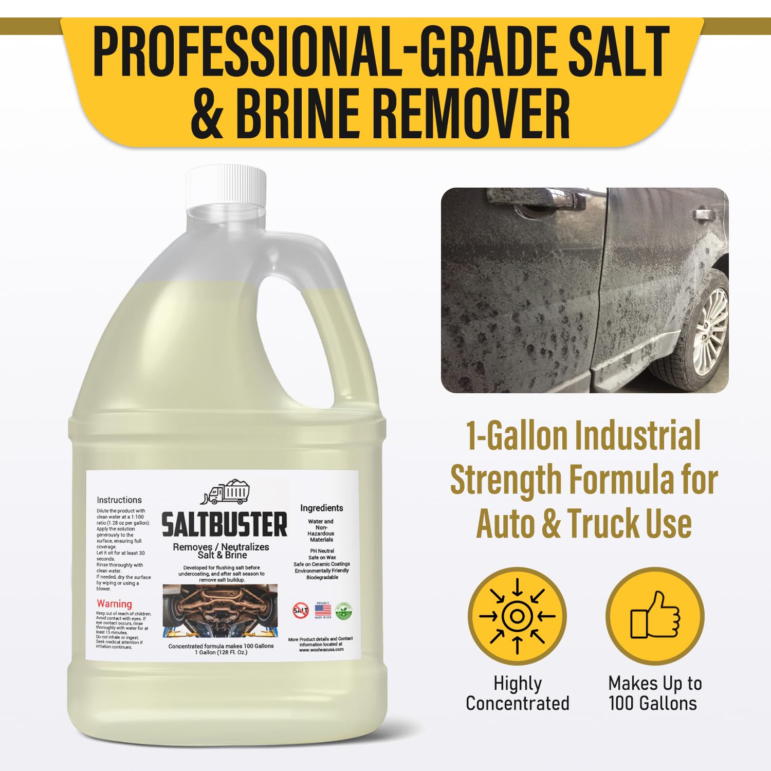 woolwax SALTBUSTER label detail showing biodegradable and pH neutral claims