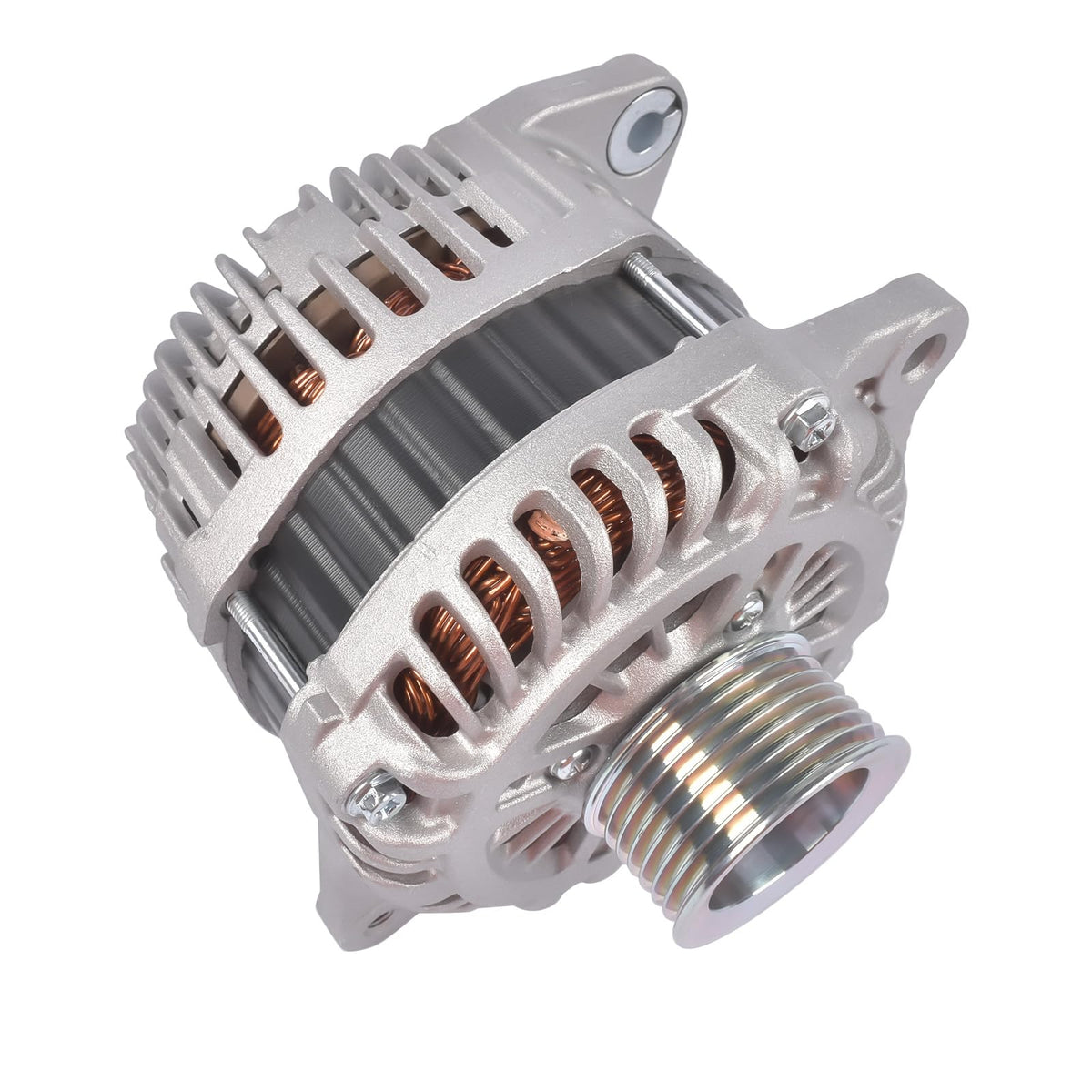 Woosphy front view alternator showing cast housing and mounting points for easy fit