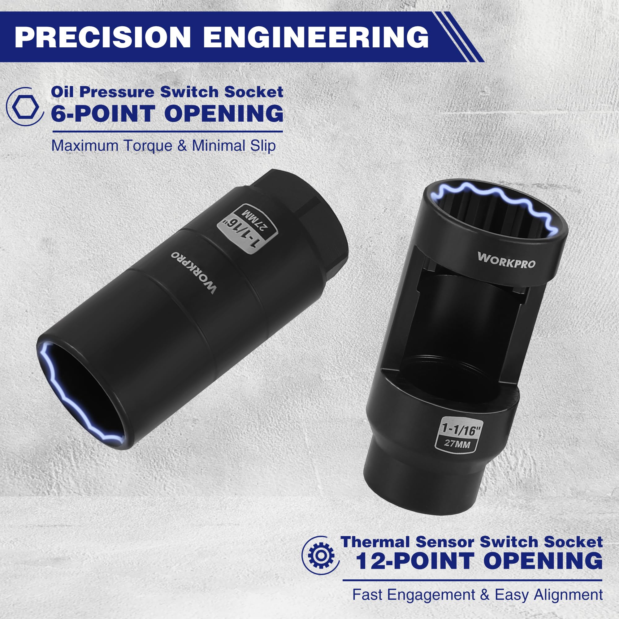 WORKPRO side-by-side 3/8" and 1/2" drive sockets illustrating size options