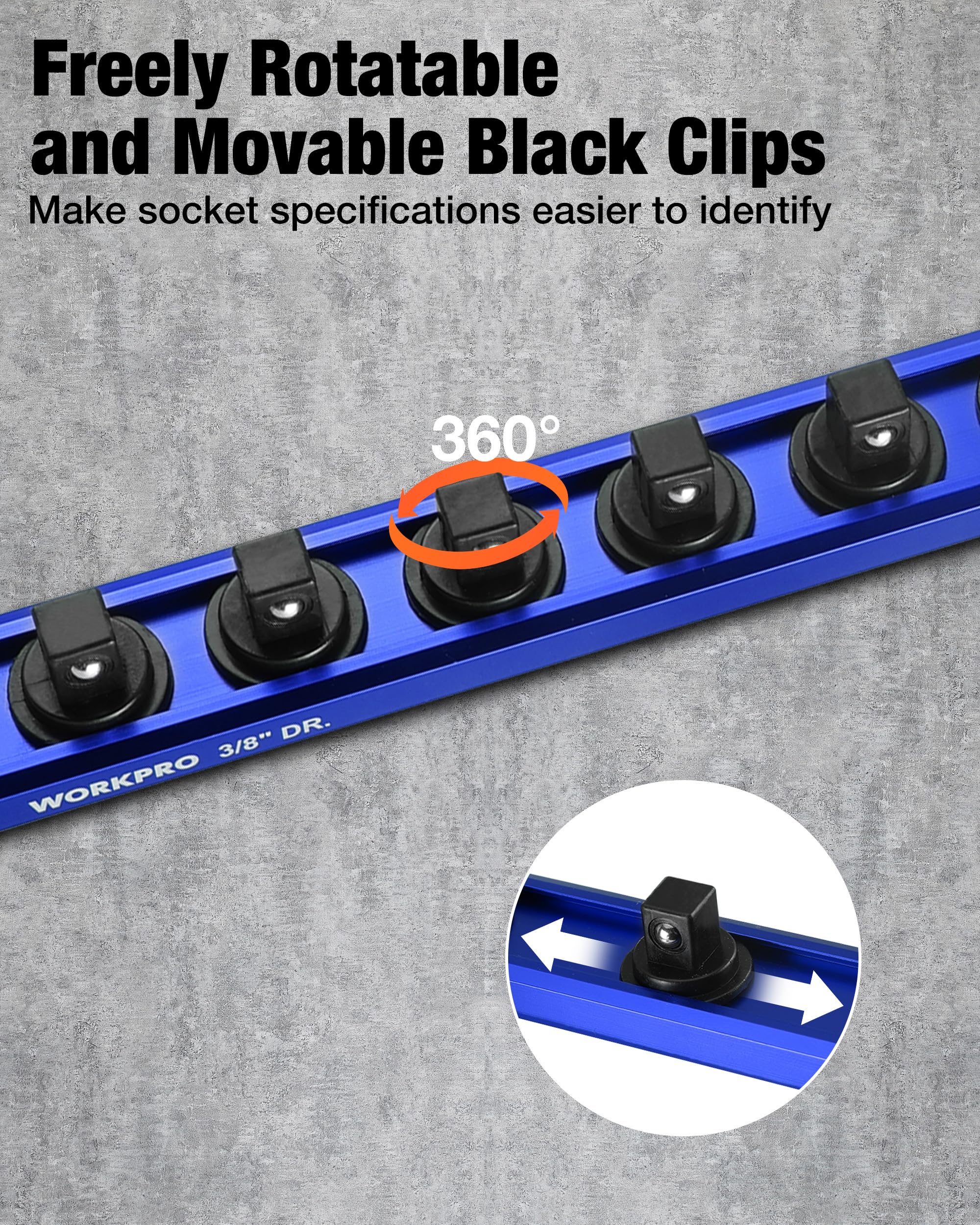 WORKPRO rotating clip showing laser-etched socket markings for speed