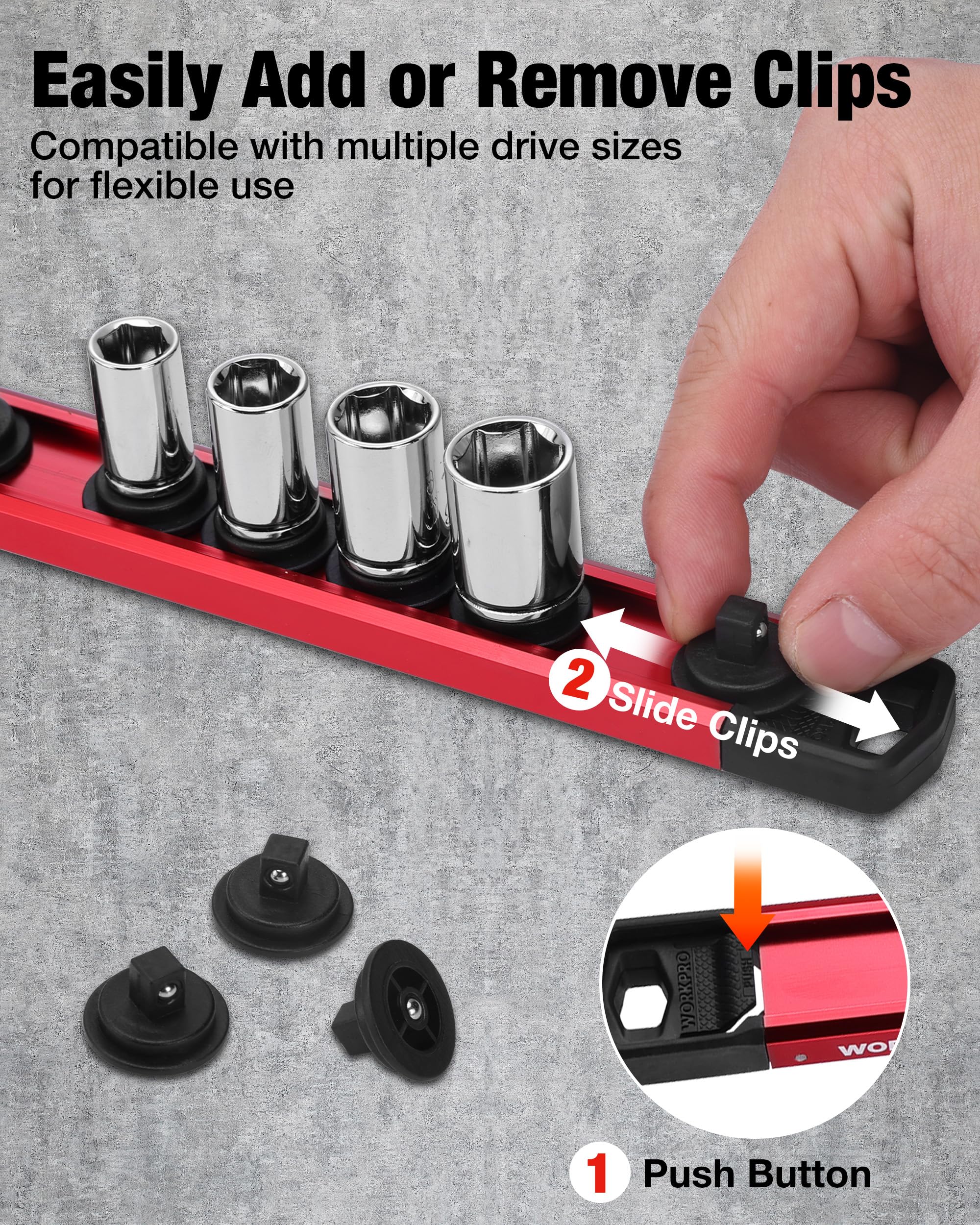 WORKPRO close-up of push-button nylon clip mechanism, shows quick add/remove benefit