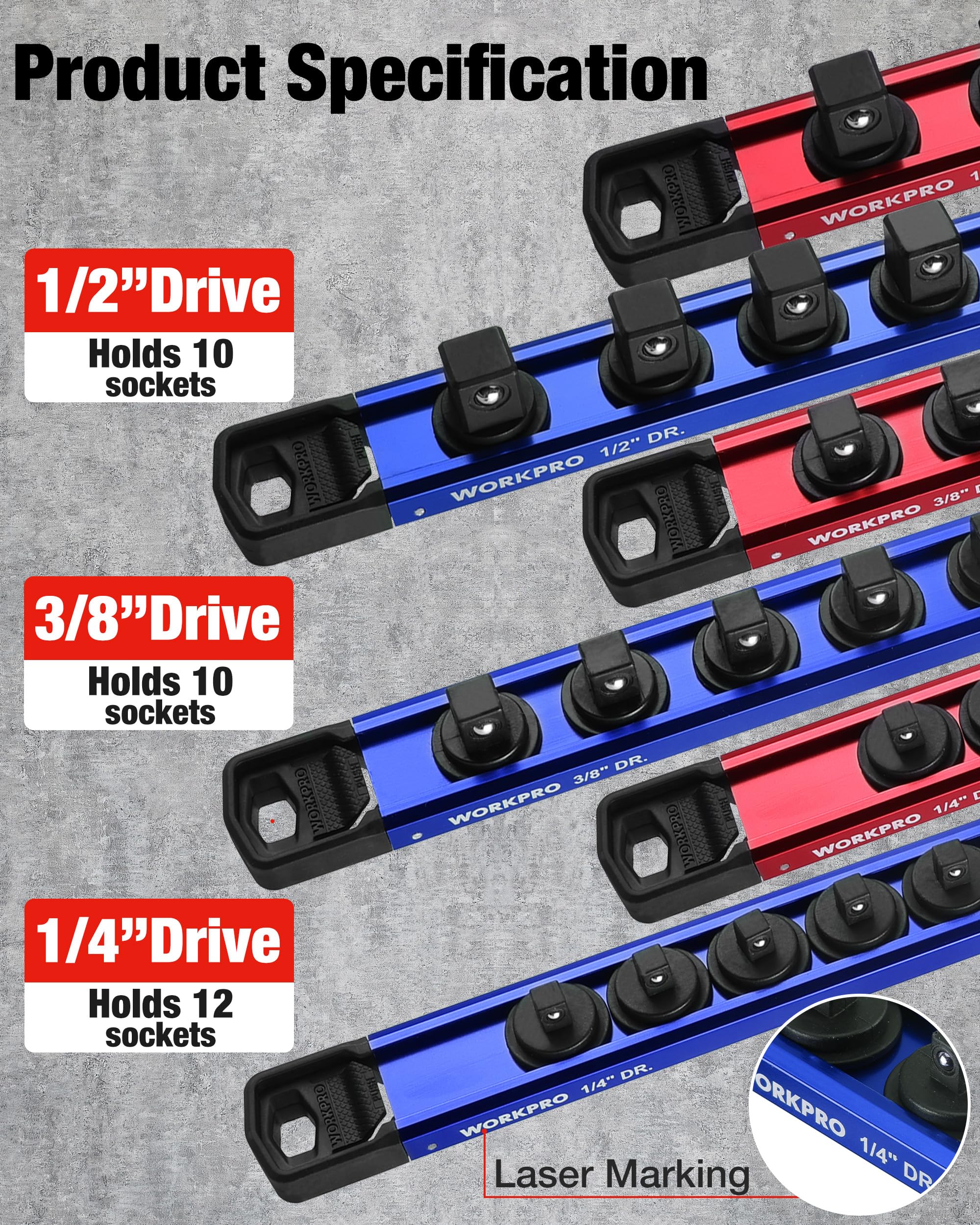 WORKPRO multiple rails in a drawer organizing sockets by drive size, saves space