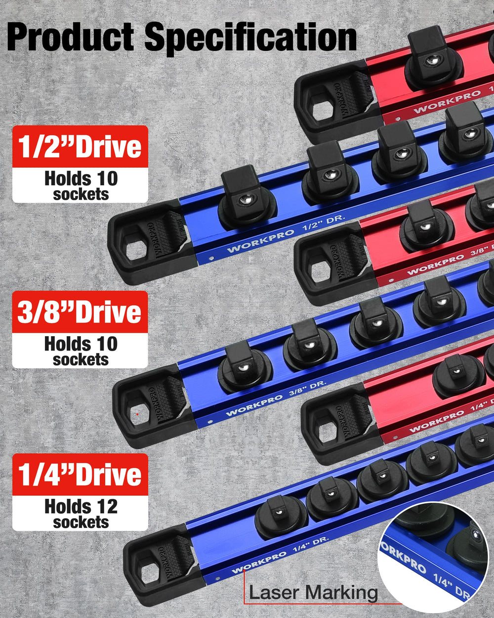 WORKPRO multiple rails in a drawer organizing sockets by drive size, saves space