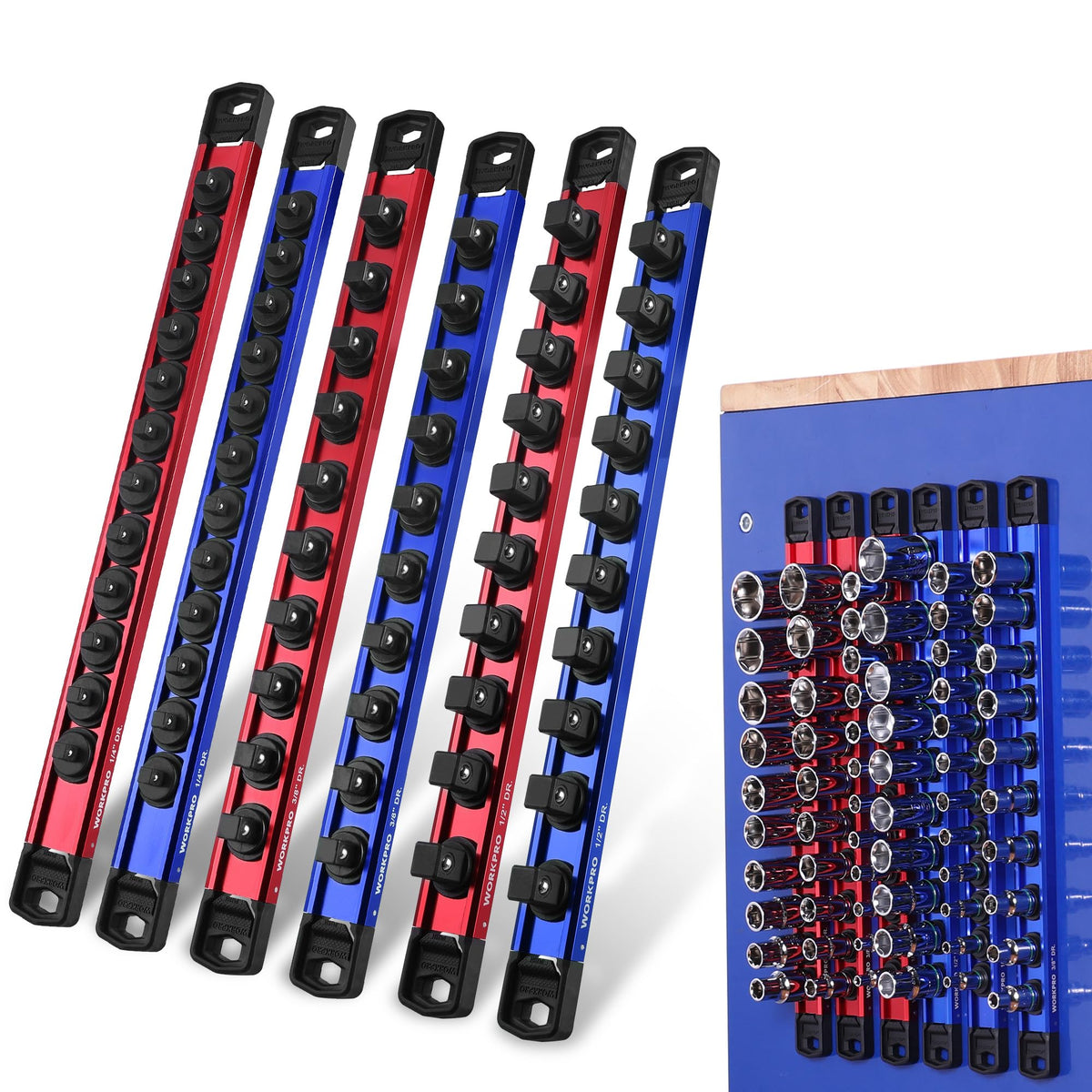 WORKPRO front packaging displaying six magnetic socket rails and clips, organizes sockets neatly