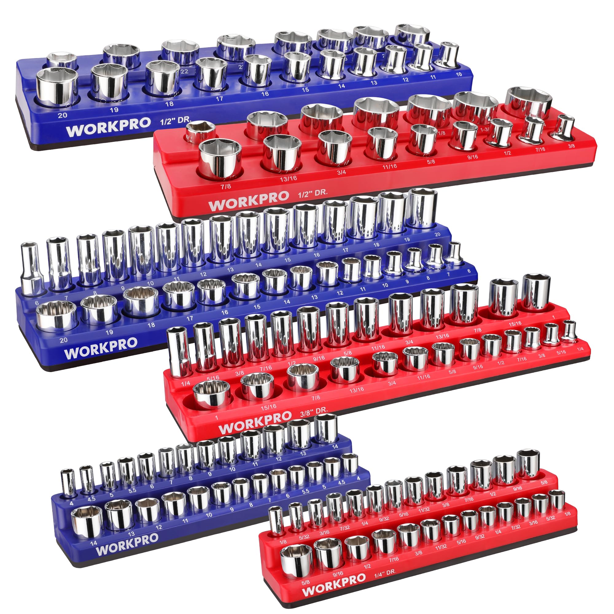 WORKPRO front view of six colored magnetic socket trays showing compact organization