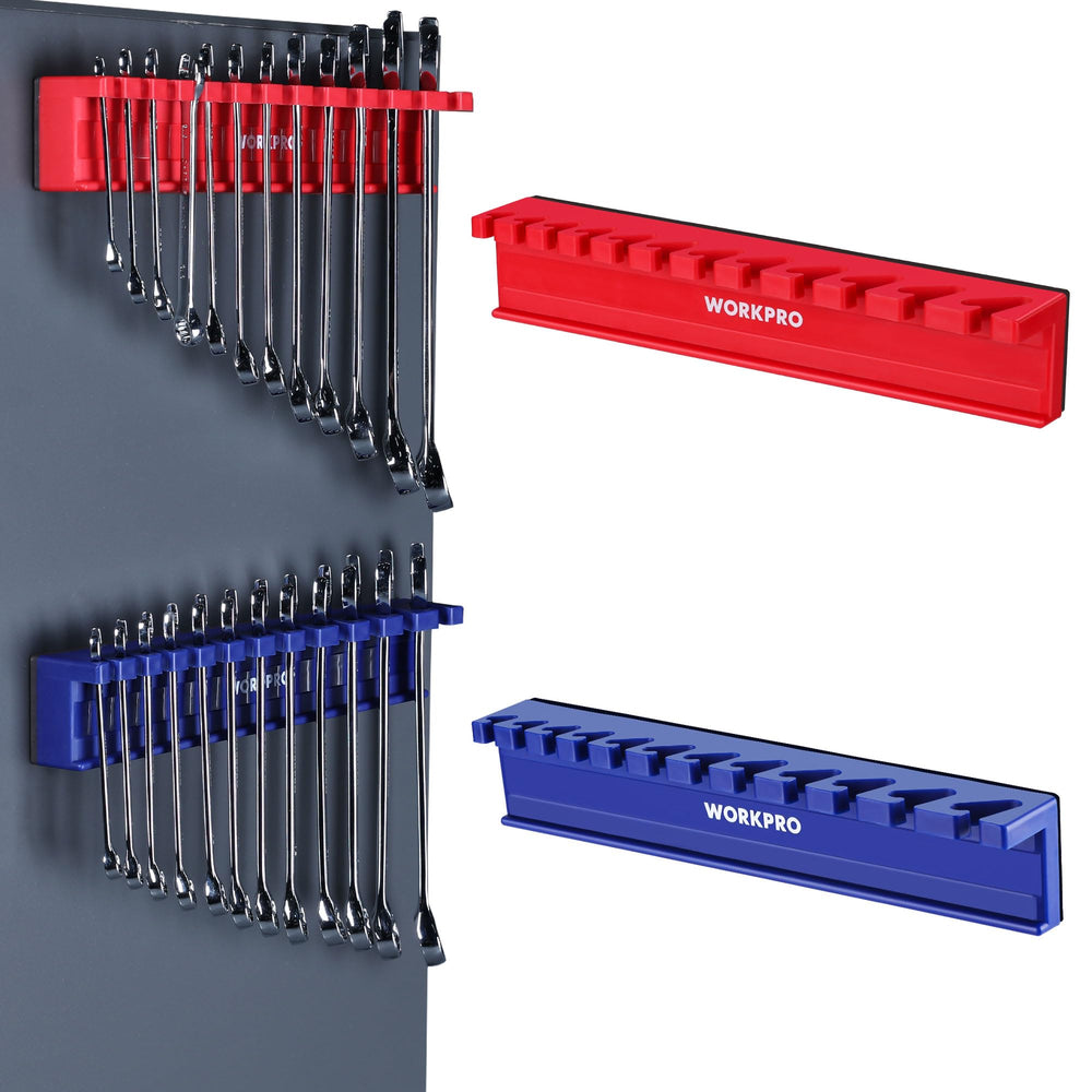 WORKPRO front view of two-piece wrench organizer showing capacity and compact benefit