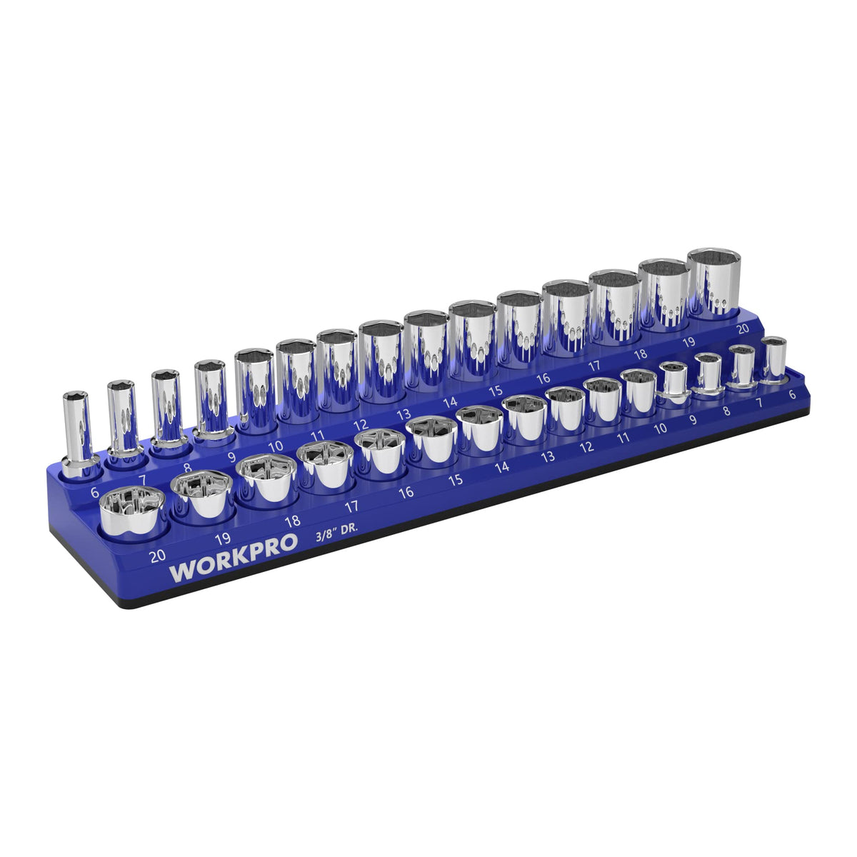 WORKPRO front view of socket organizer showing neat socket layout and capacity