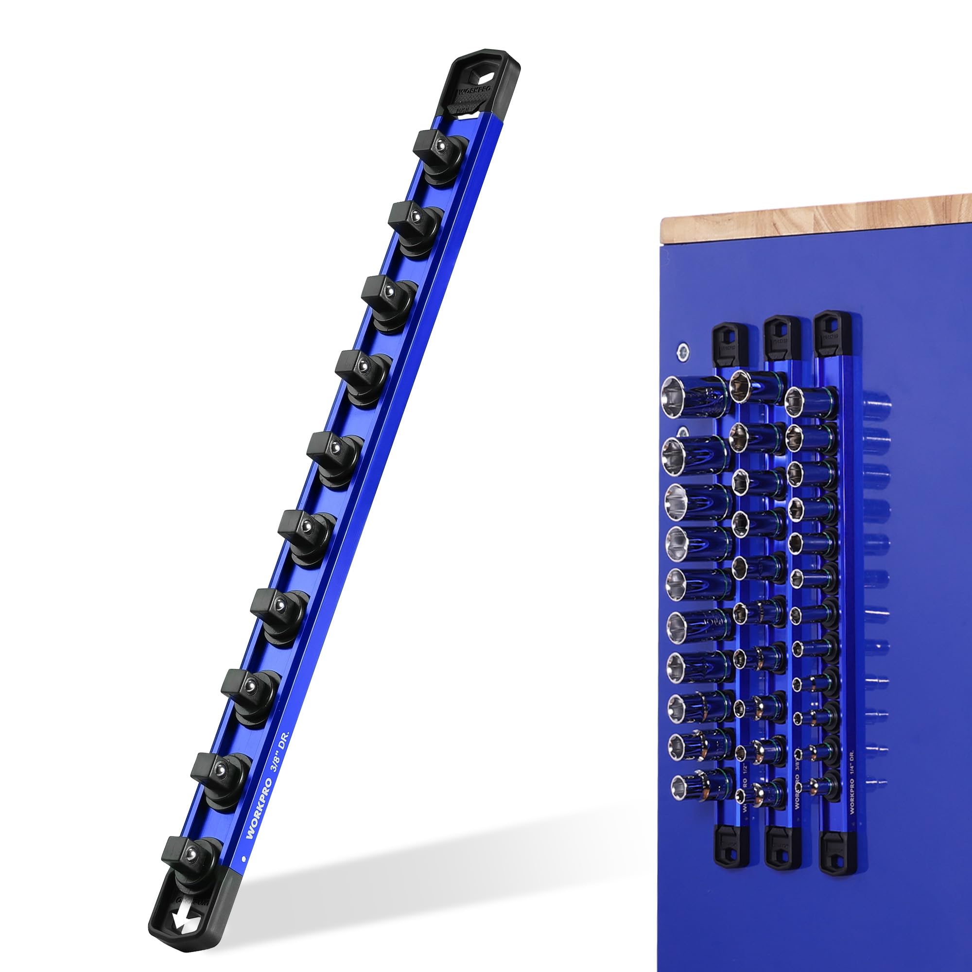 WORKPRO front view of rail with sockets showing compact storage benefit